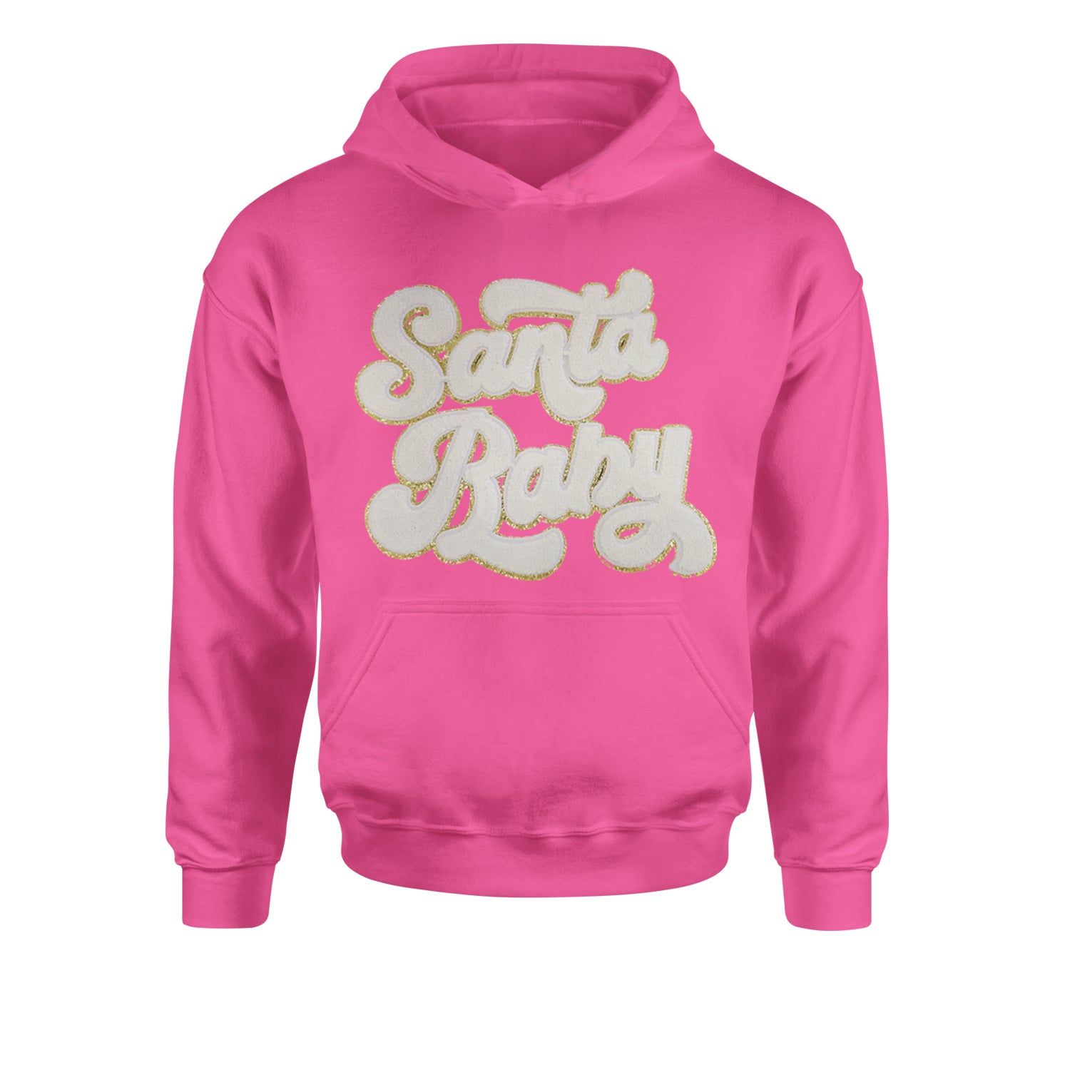 White Santa Baby Chenille PatchYouth-Sized Hoodie Hot Pink