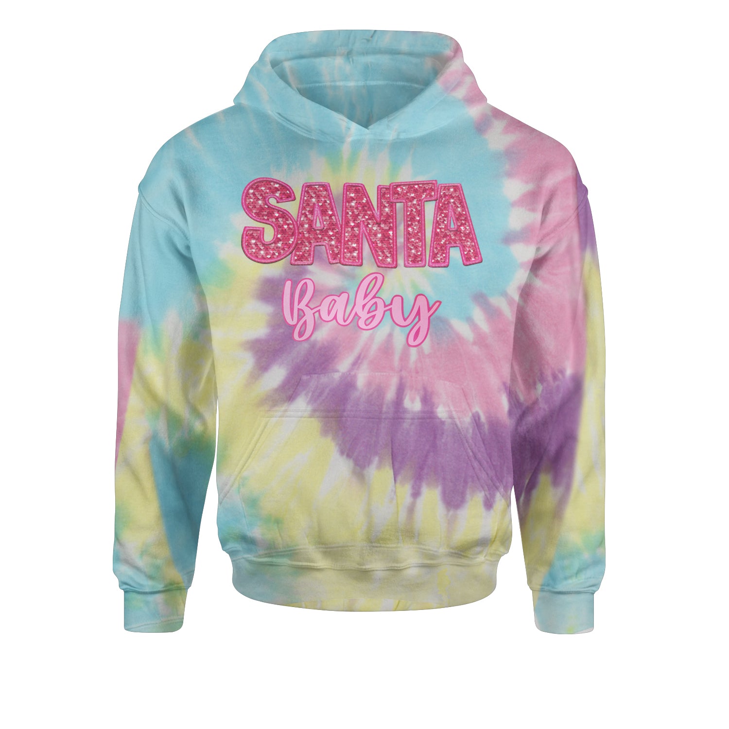 Santa Baby Faux Patch and SequinsYouth-Sized Hoodie Tie-Dye Jelly Bean