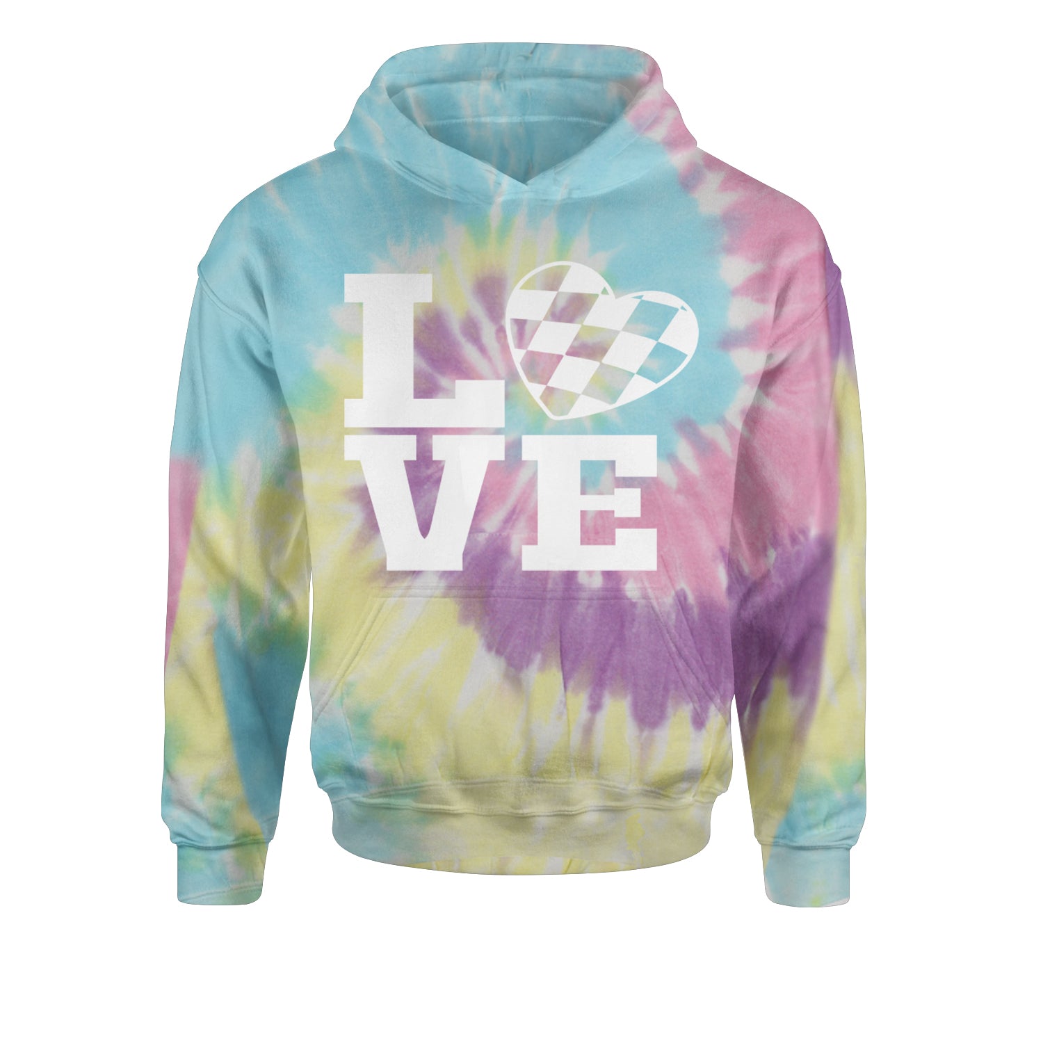 Love Racing Checkered Flag Heart Youth-Sized Hoodie Tie-Dye Jelly Bean