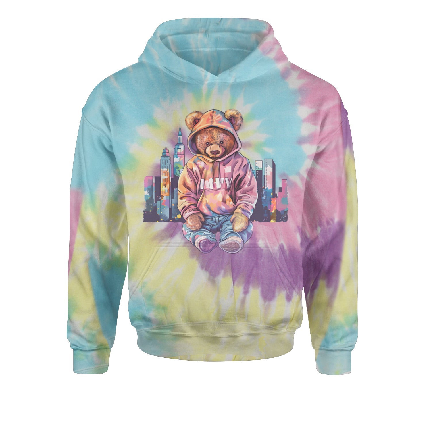 City Skyline Urban Graffiti BearYouth-Sized Hoodie Tie-Dye Jelly Bean