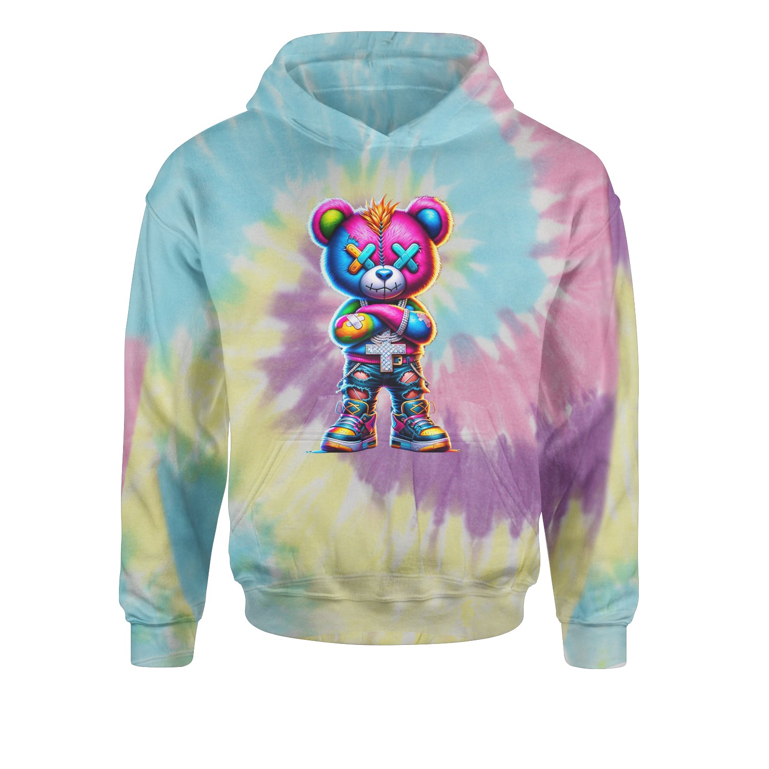 Stitched Neon Urban Graffiti BearYouth-Sized Hoodie Tie-Dye Jelly Bean