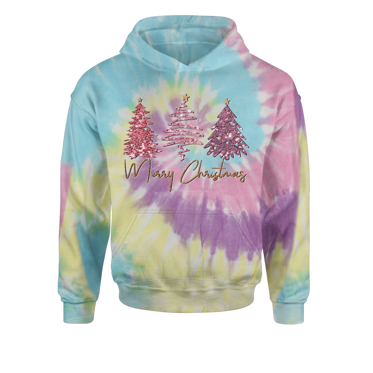 Merry Christmas Faux Glitter TreesYouth-Sized Hoodie Tie-Dye Jelly Bean