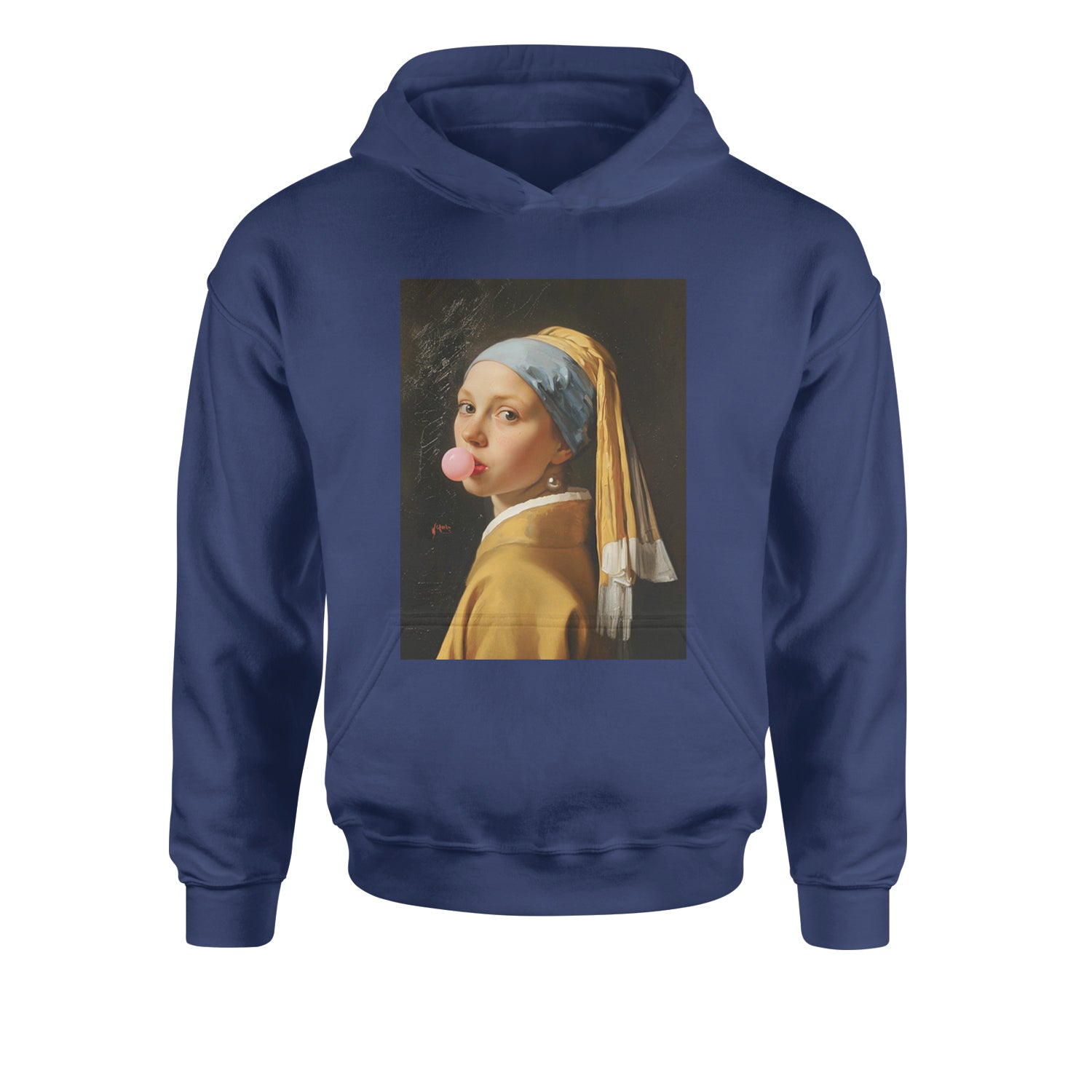 Girl with a Pearl Earring Bubble Gum Contemporary Art Youth-Sized Hoodie Navy Blue