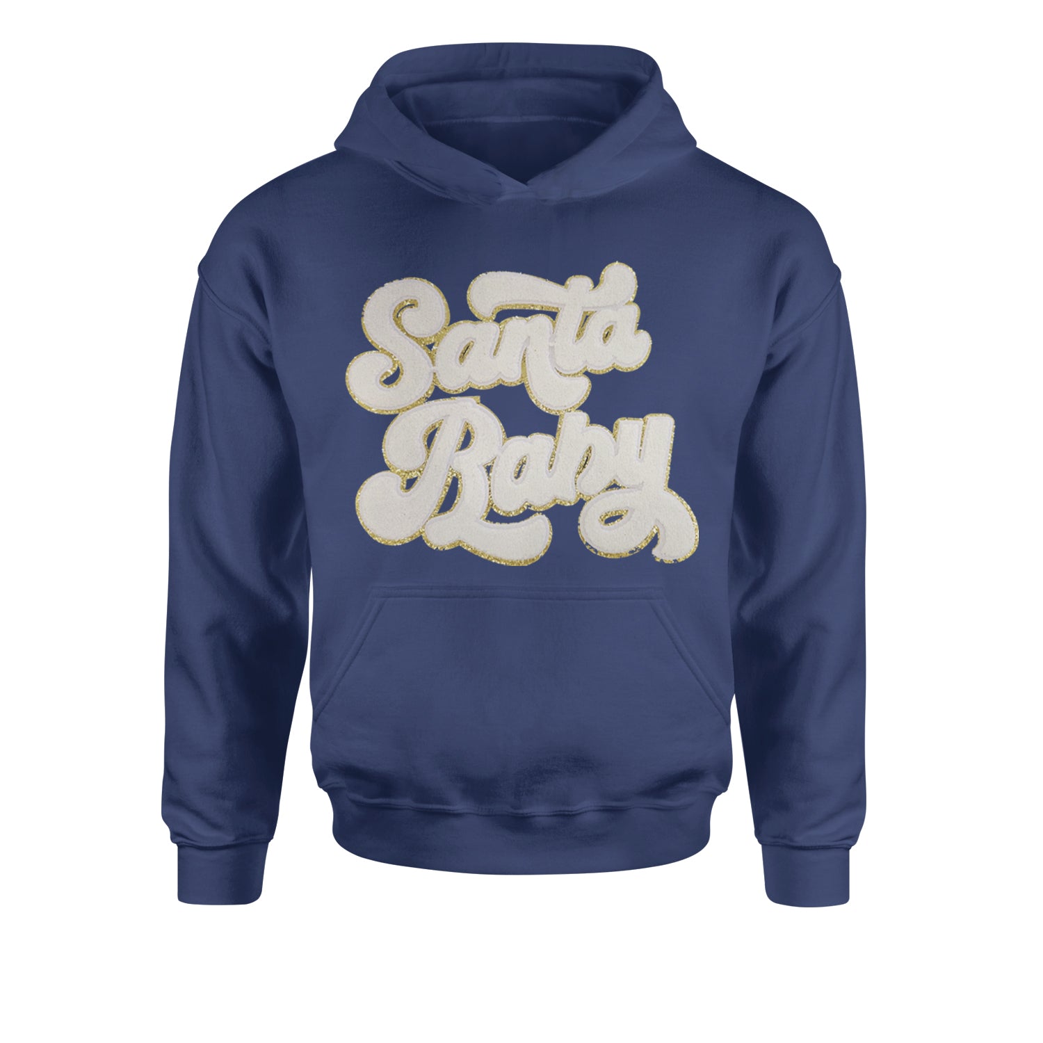 White Santa Baby Chenille PatchYouth-Sized Hoodie Navy Blue