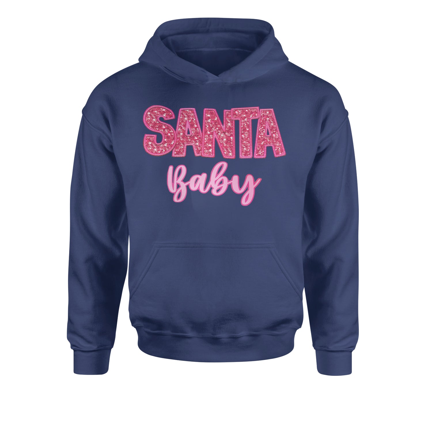 Santa Baby Faux Patch and SequinsYouth-Sized Hoodie Navy Blue