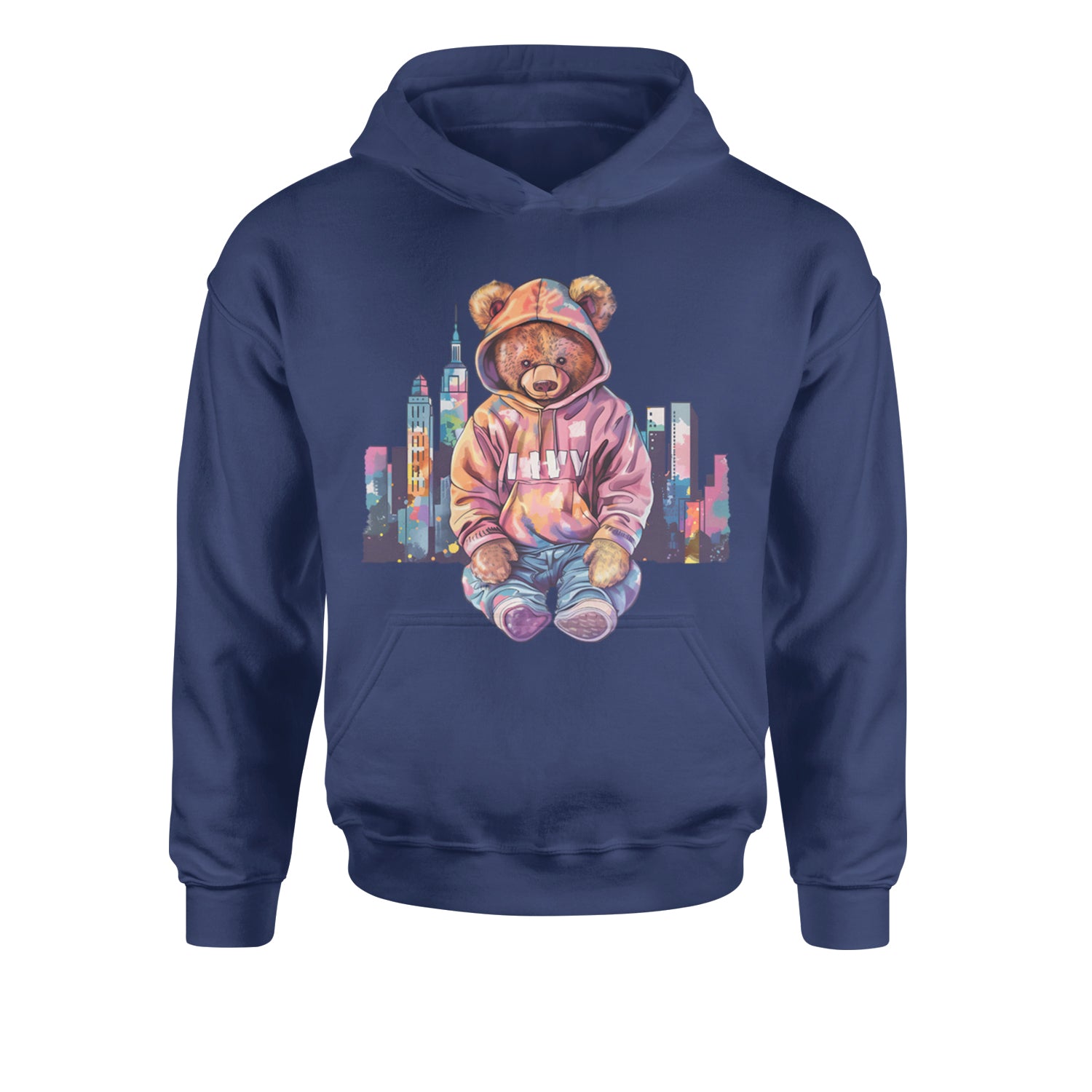 City Skyline Urban Graffiti BearYouth-Sized Hoodie Navy Blue