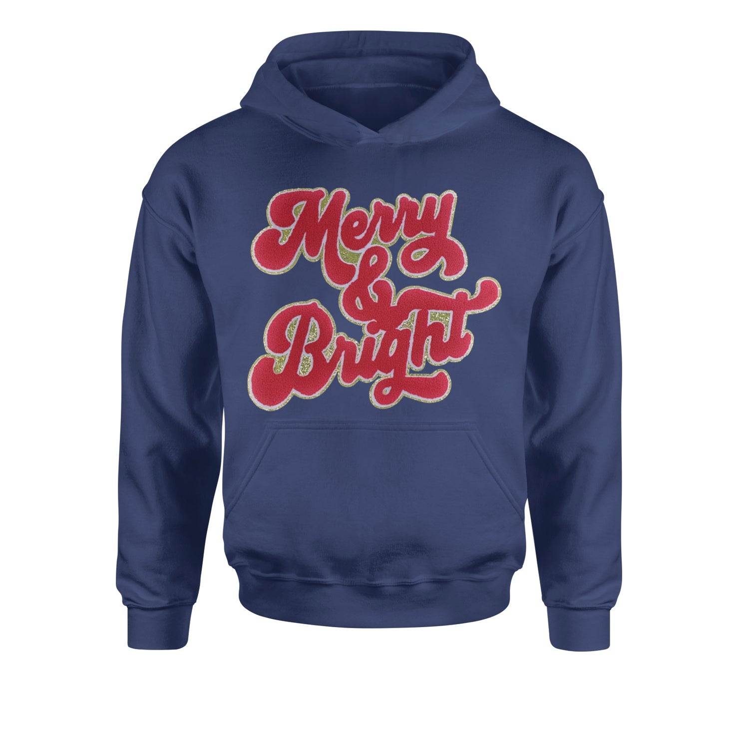 Merry & Bright Chenille GlitterYouth-Sized Hoodie Navy Blue