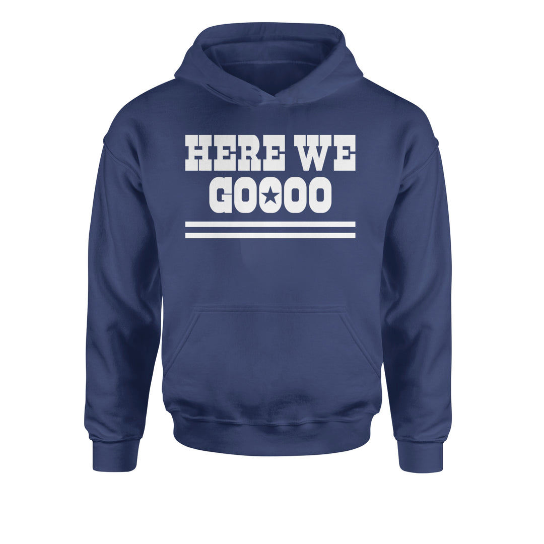 Chant-style block lettering with a star inside the O on a kids' heavyweight fleece pullover hoodie