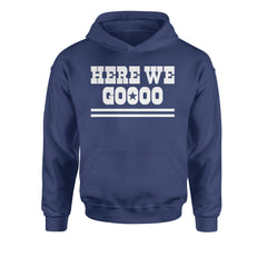 Chant-style block lettering with a star inside the O on a kids' heavyweight fleece pullover hoodie