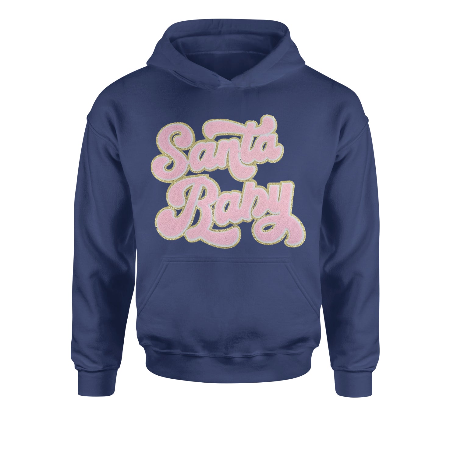 Pink Santa Baby Chenille PatchYouth-Sized Hoodie Navy Blue