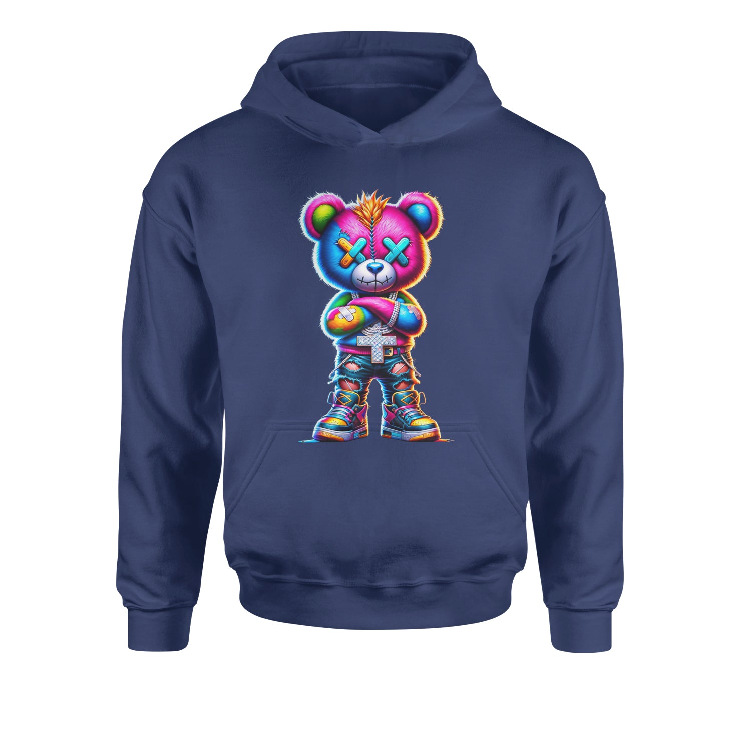 Stitched Neon Urban Graffiti BearYouth-Sized Hoodie Navy Blue