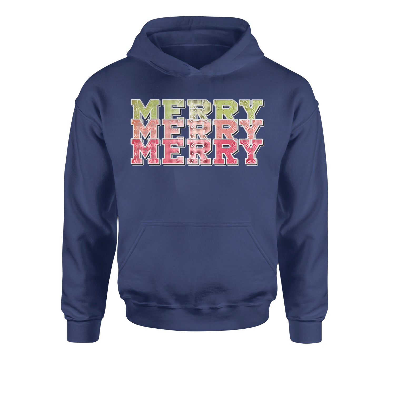 Merry Merry Merry Faux SequinsYouth-Sized Hoodie Navy Blue