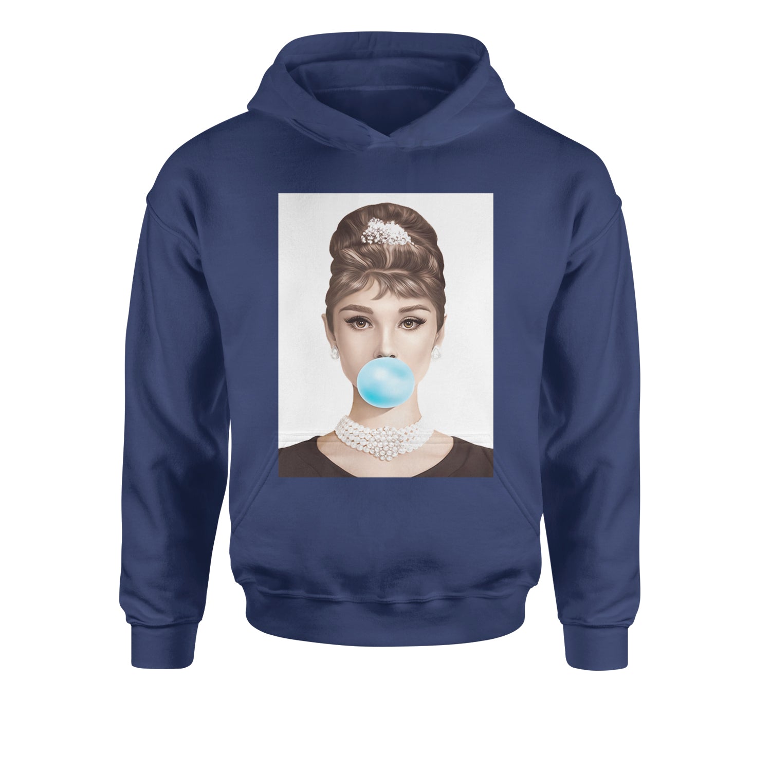 Audrey Hepburn Chewing Bubble Gum American Icon Youth-Sized Hoodie Navy Blue