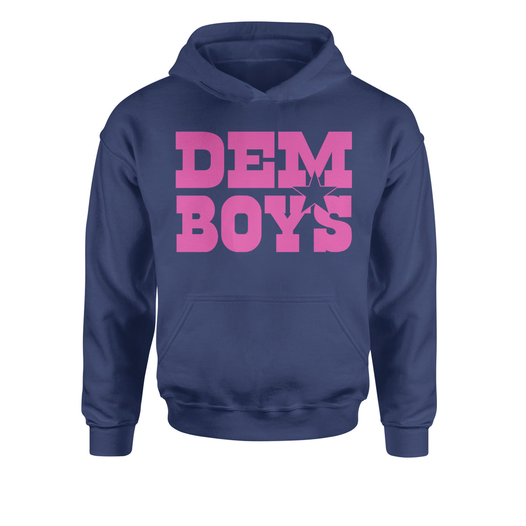 Hot pink "DEM BOYS" text with a star accent on a Kids' Heavyweight Fleece Pullover Hoodie