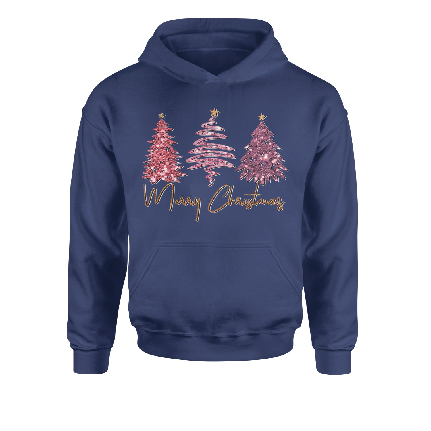 Merry Christmas Faux Glitter TreesYouth-Sized Hoodie Navy Blue