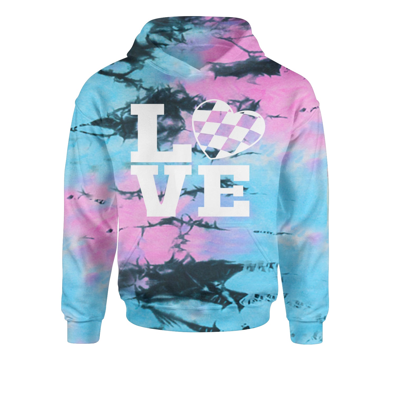 Love Racing Checkered Flag Heart Youth-Sized Hoodie Tie-Dye Pacific