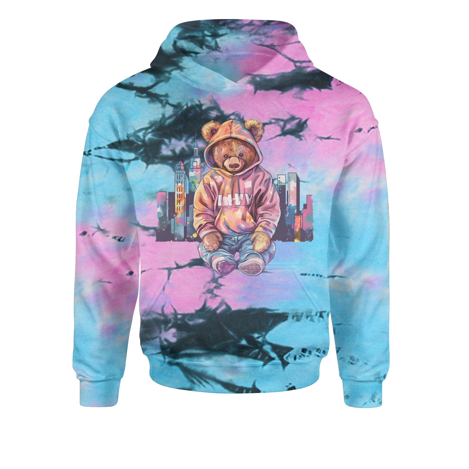 City Skyline Urban Graffiti BearYouth-Sized Hoodie Tie-Dye Pacific