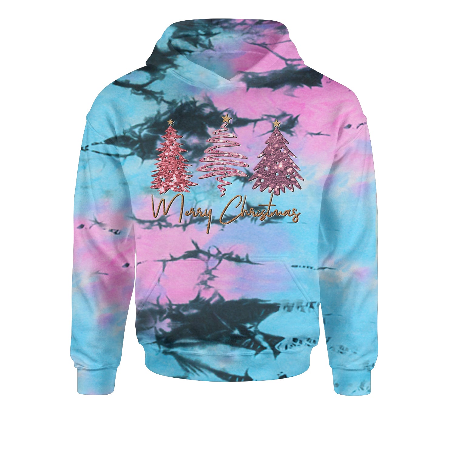 Merry Christmas Faux Glitter TreesYouth-Sized Hoodie Tie-Dye Pacific