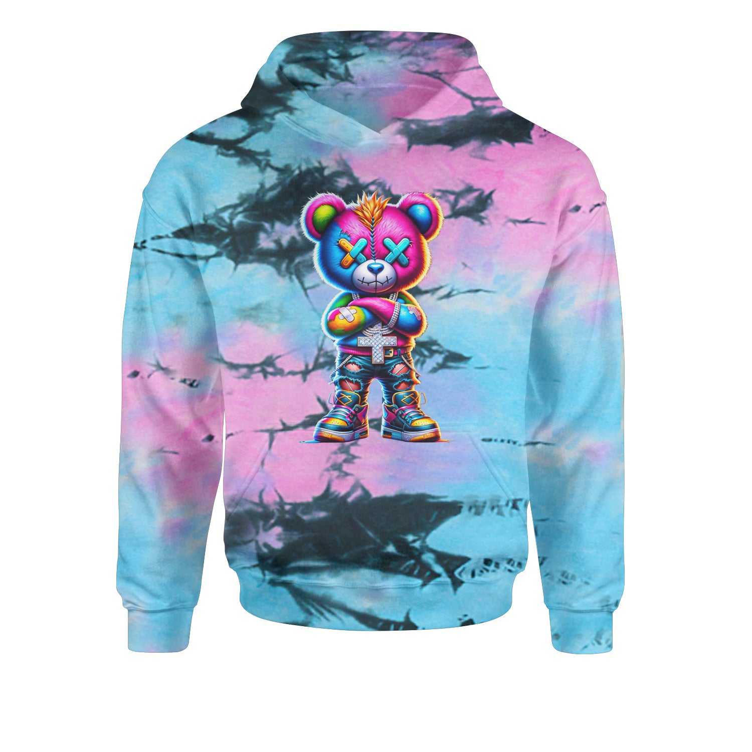 Stitched Neon Urban Graffiti BearYouth-Sized Hoodie Tie-Dye Pacific