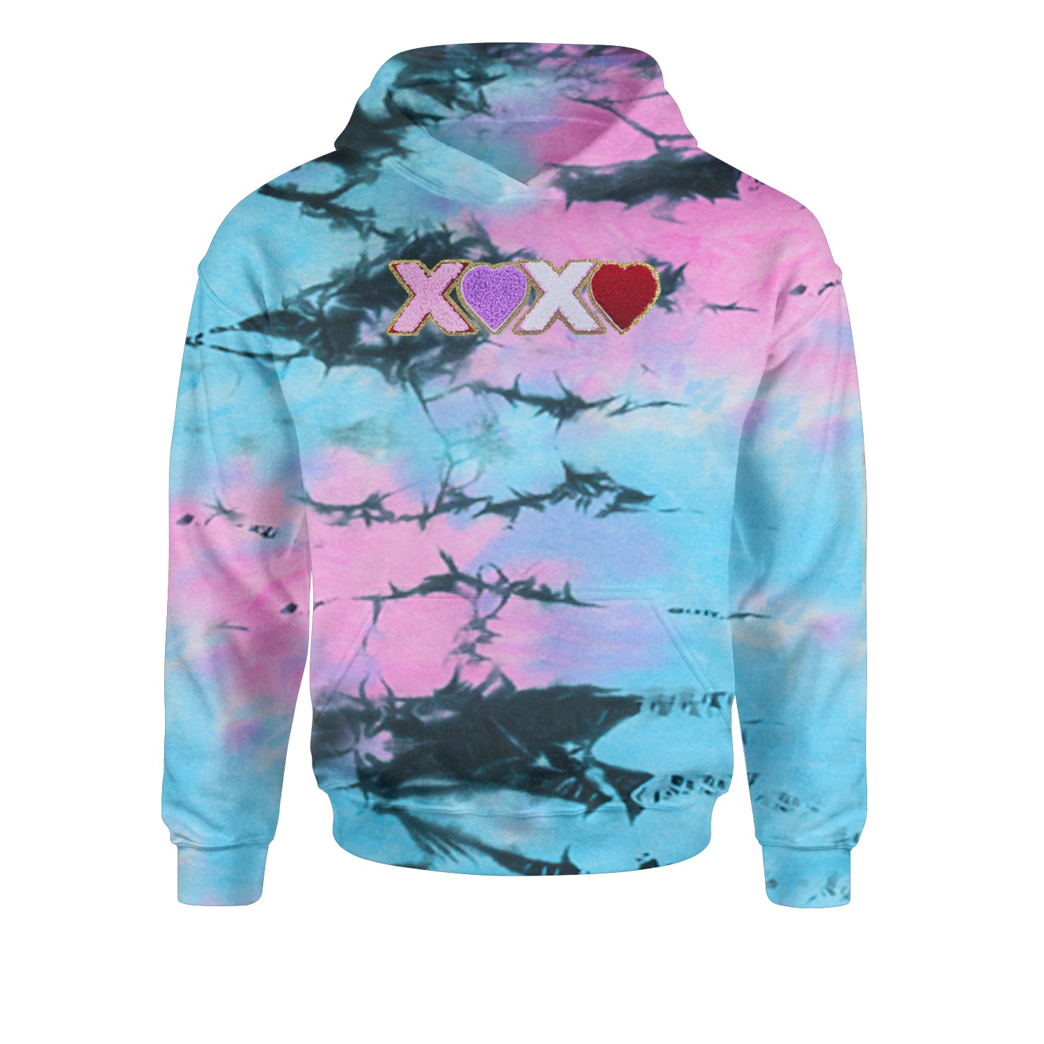 XOXO Chenille Patch Valentines DaysYouth-Sized Hoodie Tie-Dye Pacific