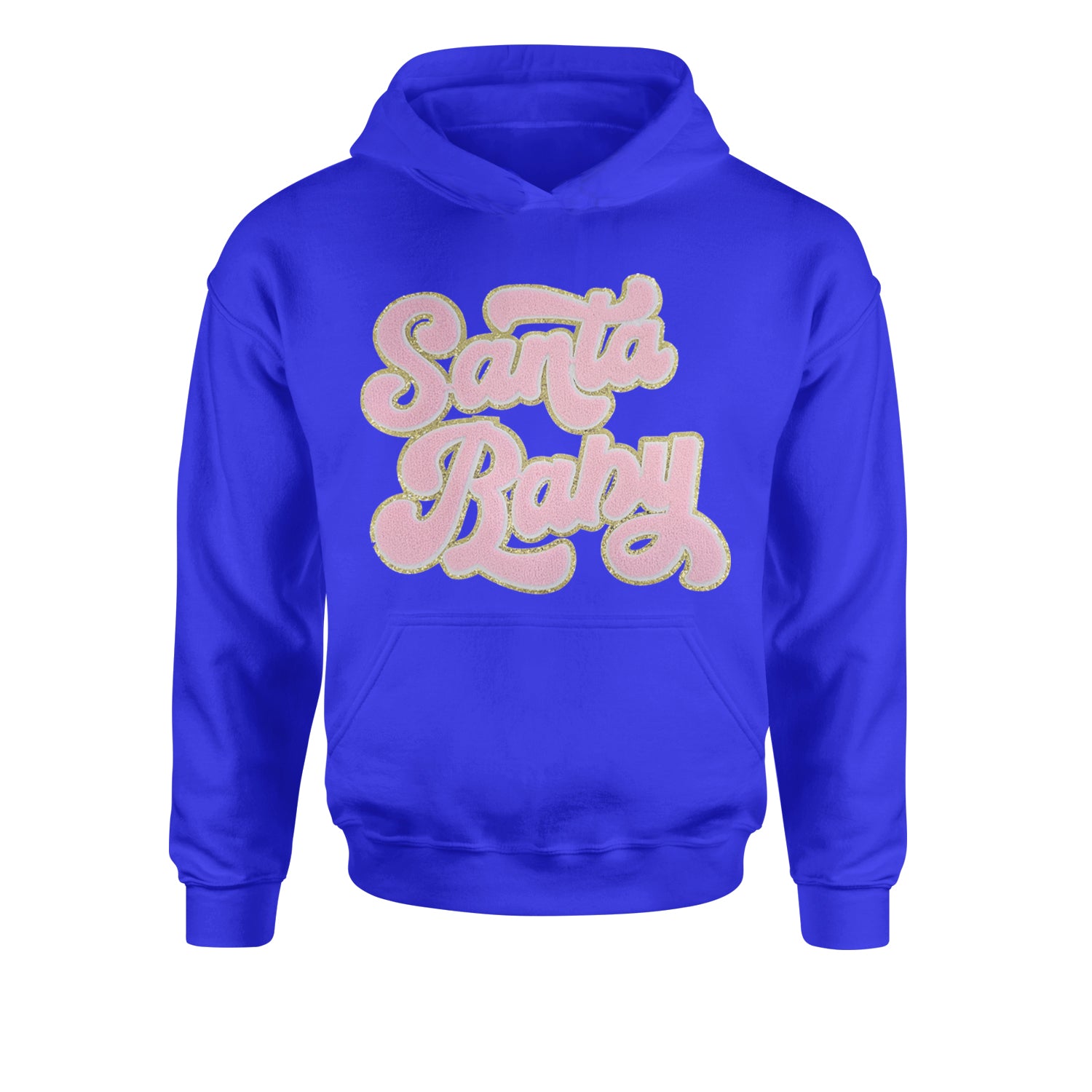 Pink Santa Baby Chenille PatchYouth-Sized Hoodie Royal Blue