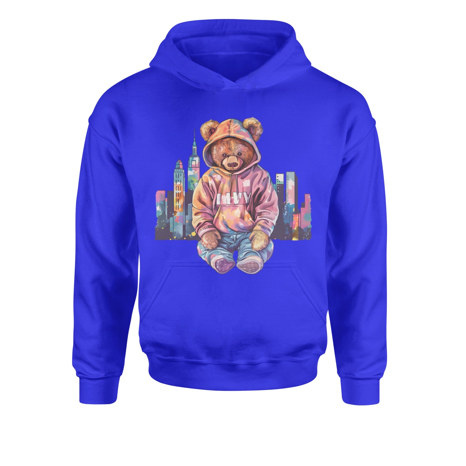 City Skyline Urban Graffiti BearYouth-Sized Hoodie Royal Blue