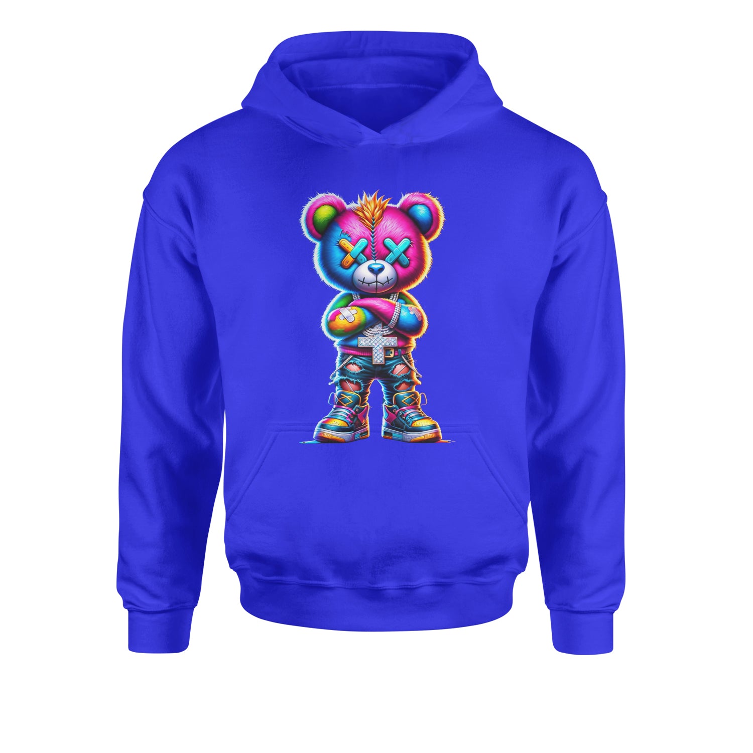 Stitched Neon Urban Graffiti BearYouth-Sized Hoodie Royal Blue