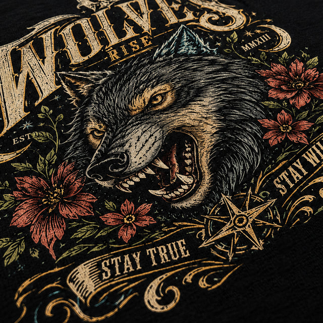 Close-up of detailed full-color printing on a black T-shirt