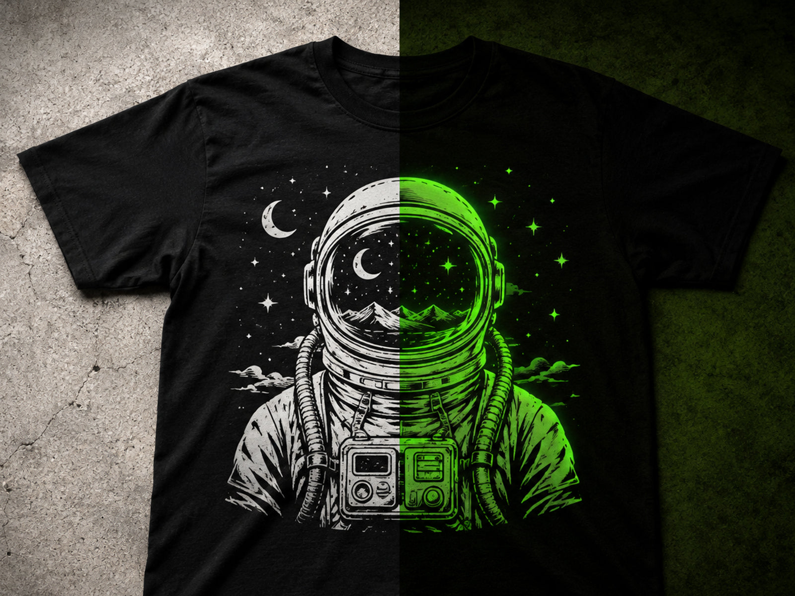 Close-up example of Glow and neon custom apparel printing