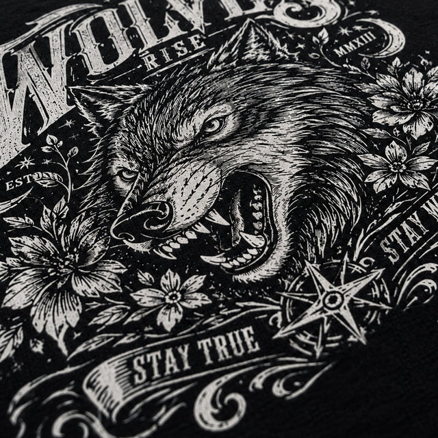 Close-up of detailed one-color white printing on a black T-shirt