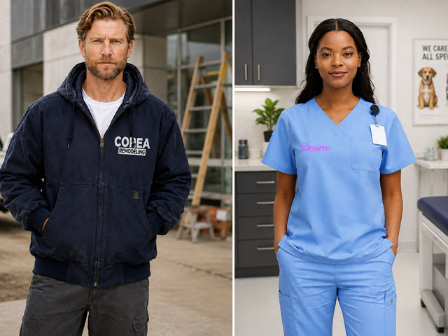 Custom printed workwear, uniforms, outerwear, and medical scrubs for local businesses and organizations