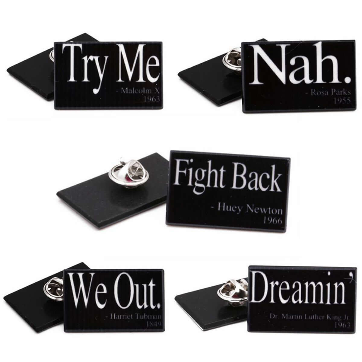 African American Heroes "Quotes" Lapel Pin 5 Pack african american, harriet tubman, huey newton, lapel pin, Malcolm x, martin luther king, rosa parks by Expression Tees