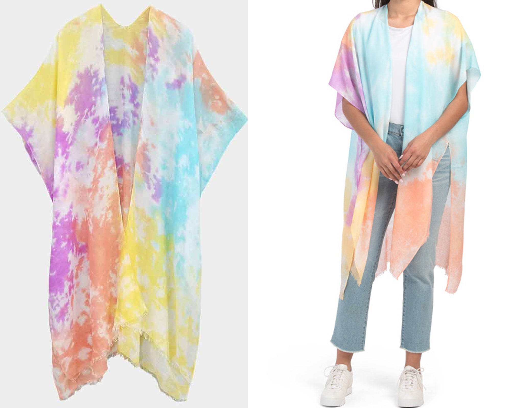 Stylish Tie Dye Kimono With Raw Hem | Rainbow Multi Tie-Dye Kimono | Beach Cover-up | Perfect Poncho For Layering | Sheer and Lightweight bathing suit, beach, bikini, bridal, bridal party, bride, coverup, hair, kimono, makeup, pool, poolside, suntanning,