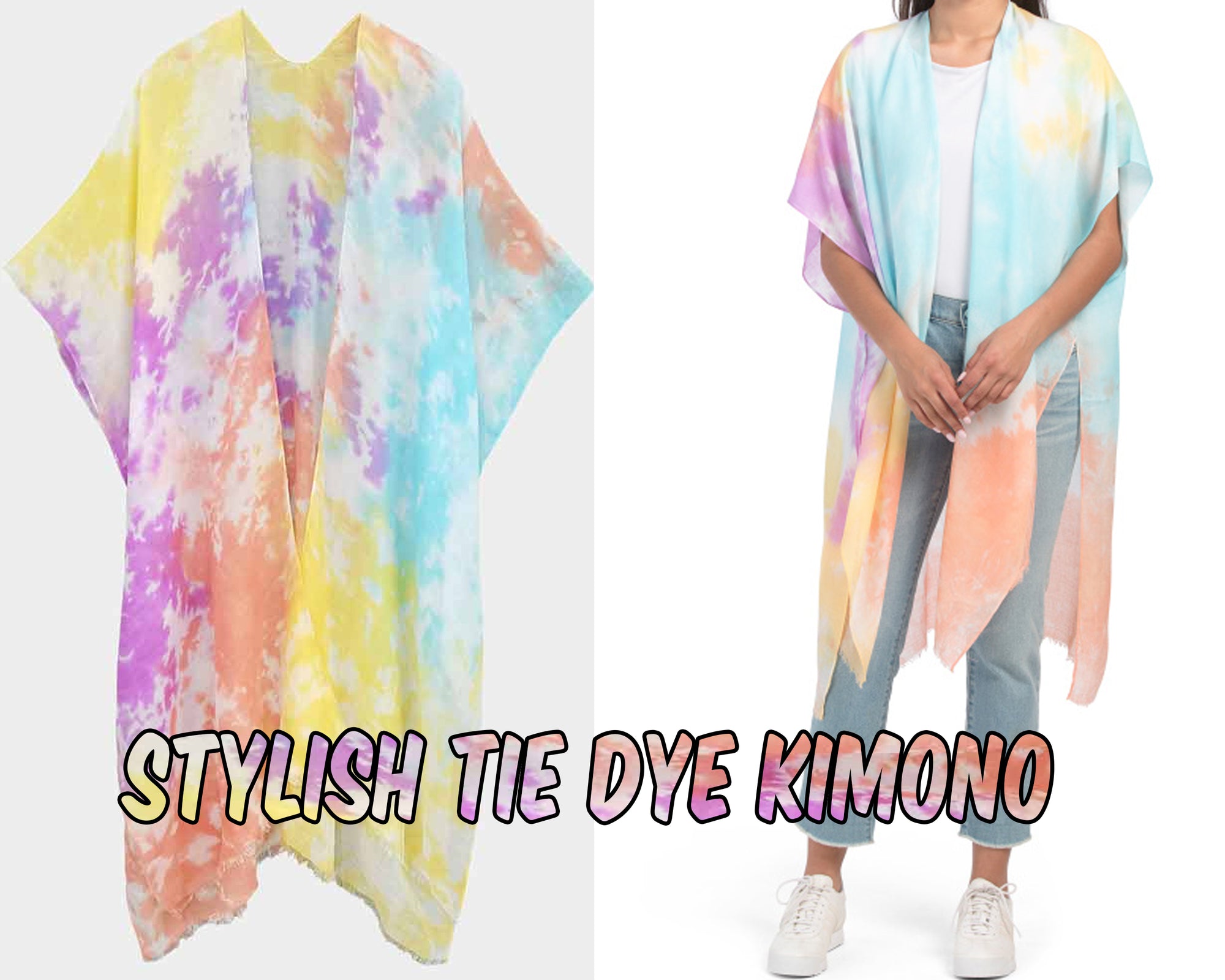 Stylish Tie Dye Kimono With Raw Hem | Rainbow Multi Tie-Dye Kimono | Beach Cover-up | Perfect Poncho For Layering | Sheer and Lightweight bathing suit, beach, bikini, bridal, bridal party, bride, coverup, hair, kimono, makeup, pool, poolside, suntanning,