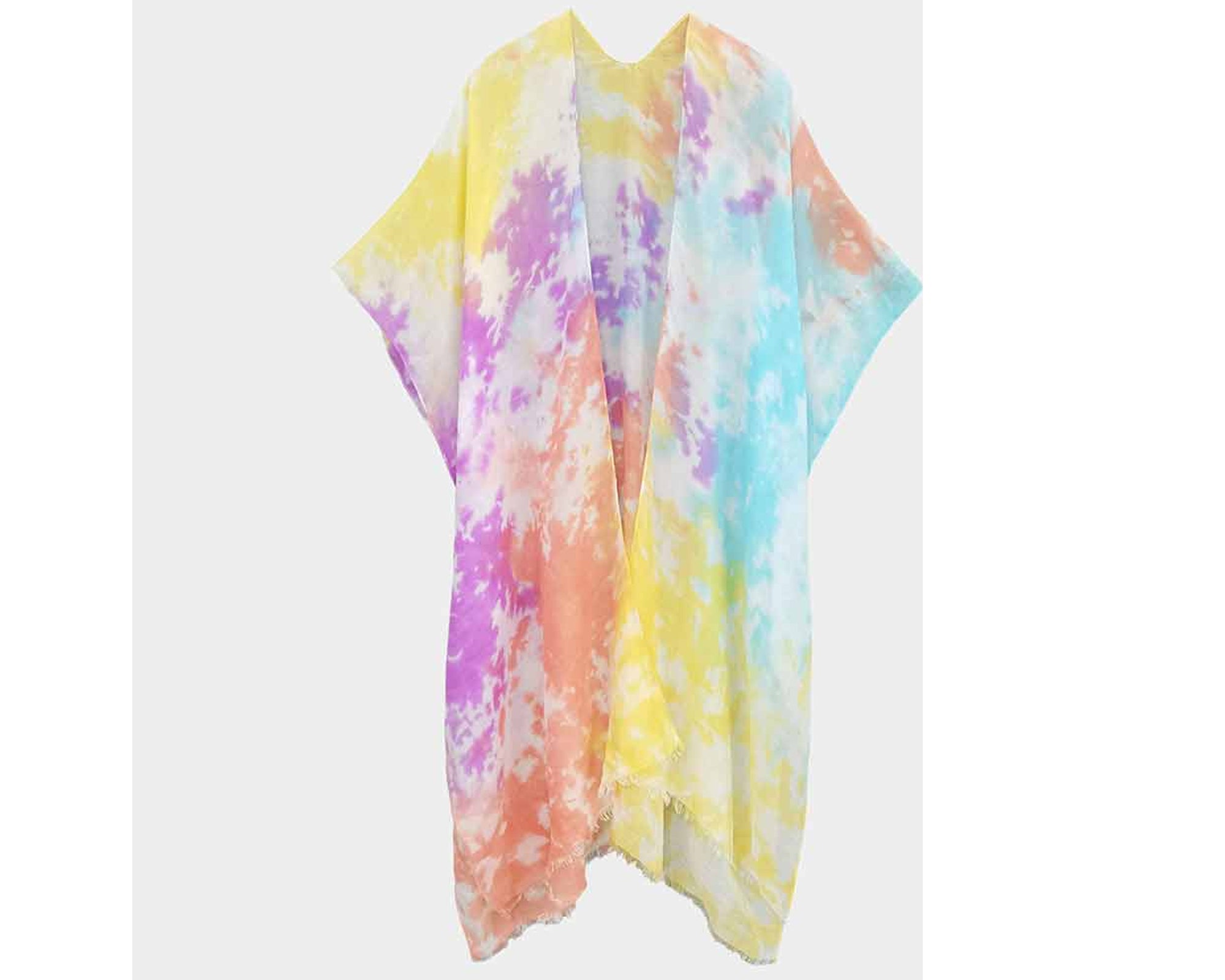 Stylish Tie Dye Kimono With Raw Hem | Rainbow Multi Tie-Dye Kimono | Beach Cover-up | Perfect Poncho For Layering | Sheer and Lightweight bathing suit, beach, bikini, bridal, bridal party, bride, coverup, hair, kimono, makeup, pool, poolside, suntanning,