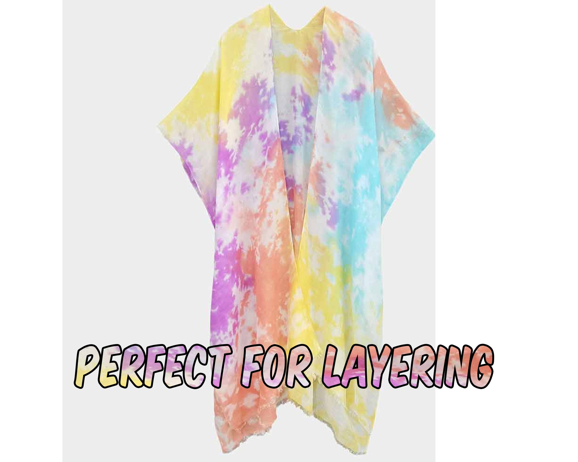 Stylish Tie Dye Kimono With Raw Hem | Rainbow Multi Tie-Dye Kimono | Beach Cover-up | Perfect Poncho For Layering | Sheer and Lightweight bathing suit, beach, bikini, bridal, bridal party, bride, coverup, hair, kimono, makeup, pool, poolside, suntanning,