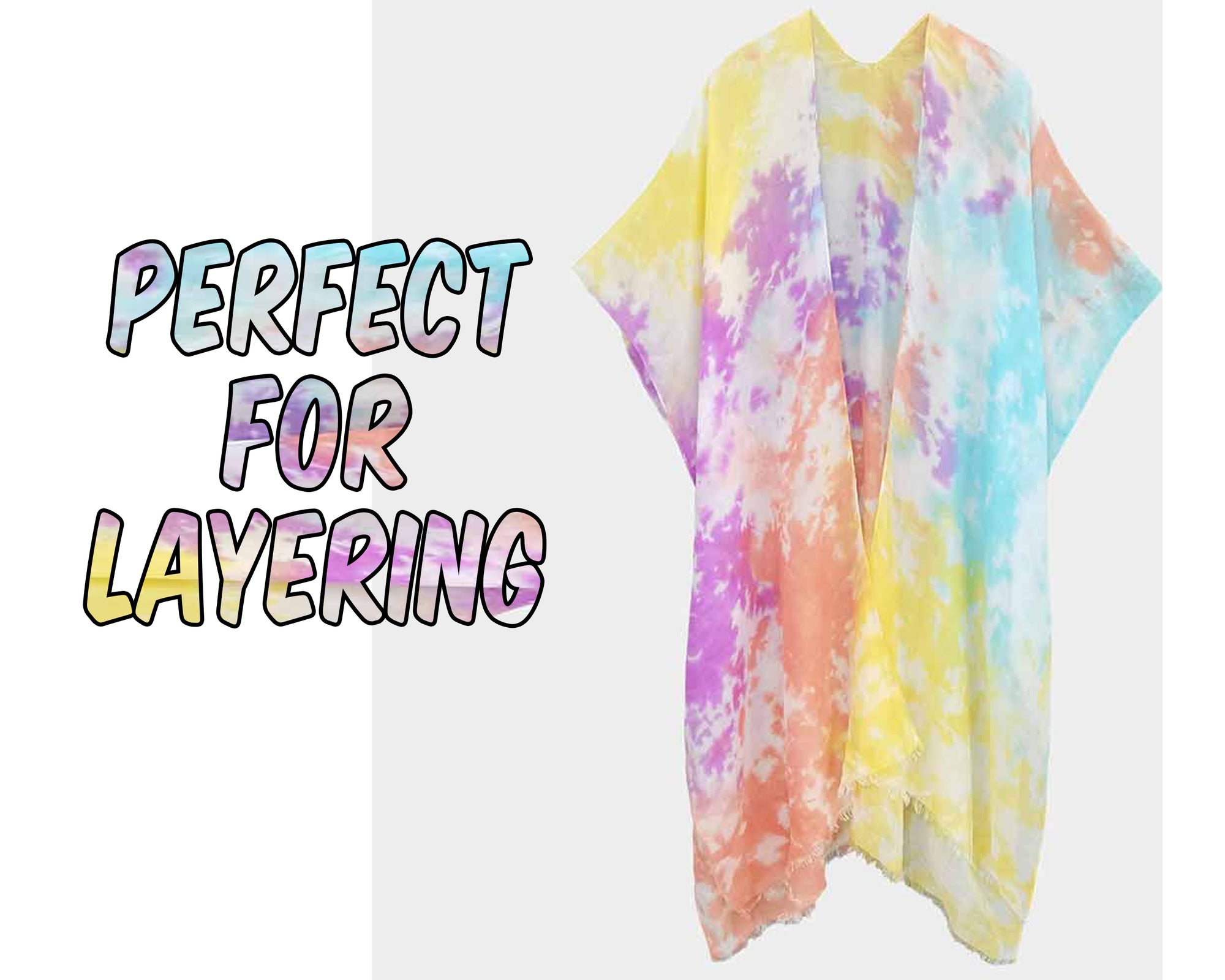 Stylish Tie Dye Kimono With Raw Hem | Rainbow Multi Tie-Dye Kimono | Beach Cover-up | Perfect Poncho For Layering | Sheer and Lightweight bathing suit, beach, bikini, bridal, bridal party, bride, coverup, hair, kimono, makeup, pool, poolside, suntanning,