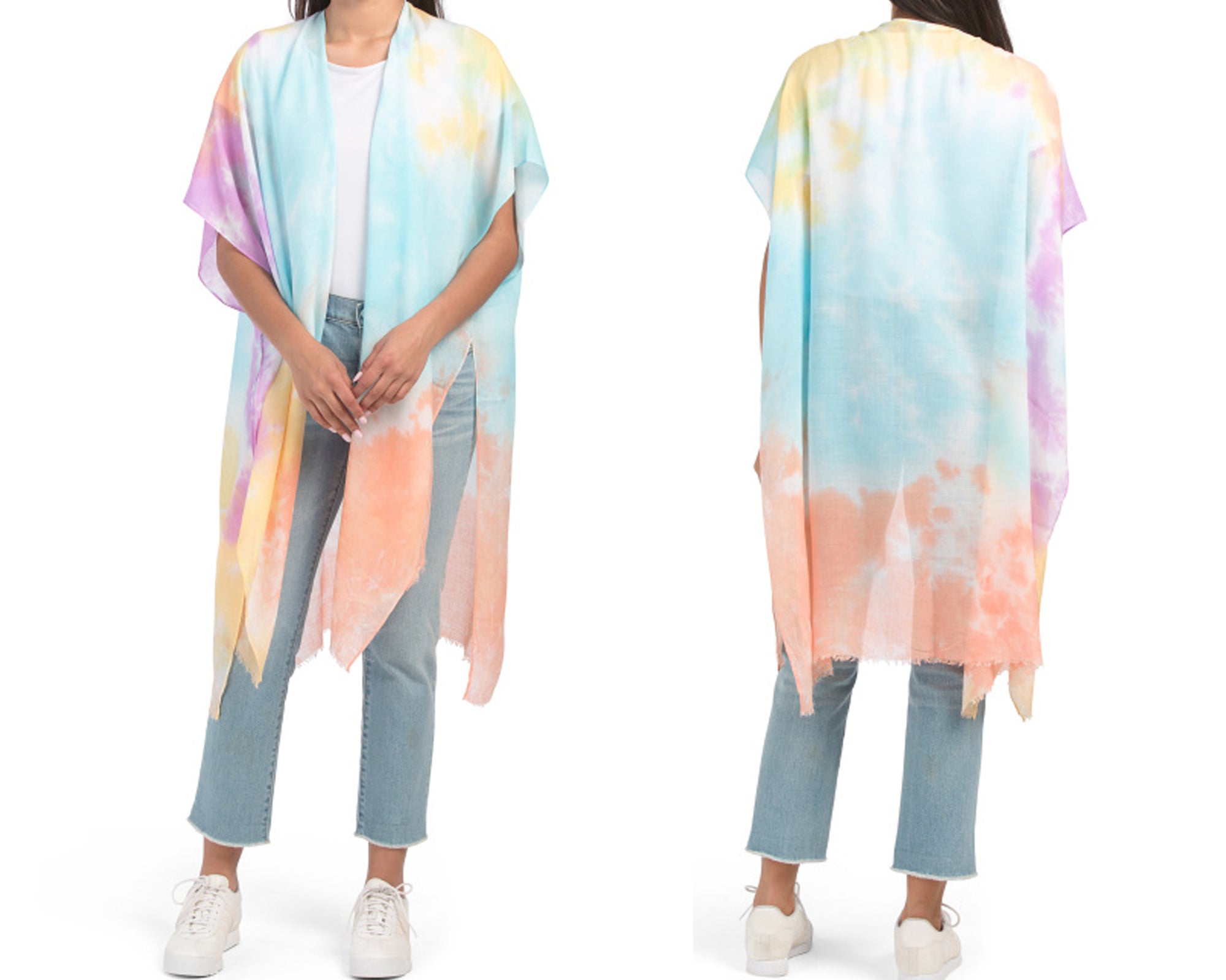 Stylish Tie Dye Kimono With Raw Hem | Rainbow Multi Tie-Dye Kimono | Beach Cover-up | Perfect Poncho For Layering | Sheer and Lightweight bathing suit, beach, bikini, bridal, bridal party, bride, coverup, hair, kimono, makeup, pool, poolside, suntanning,