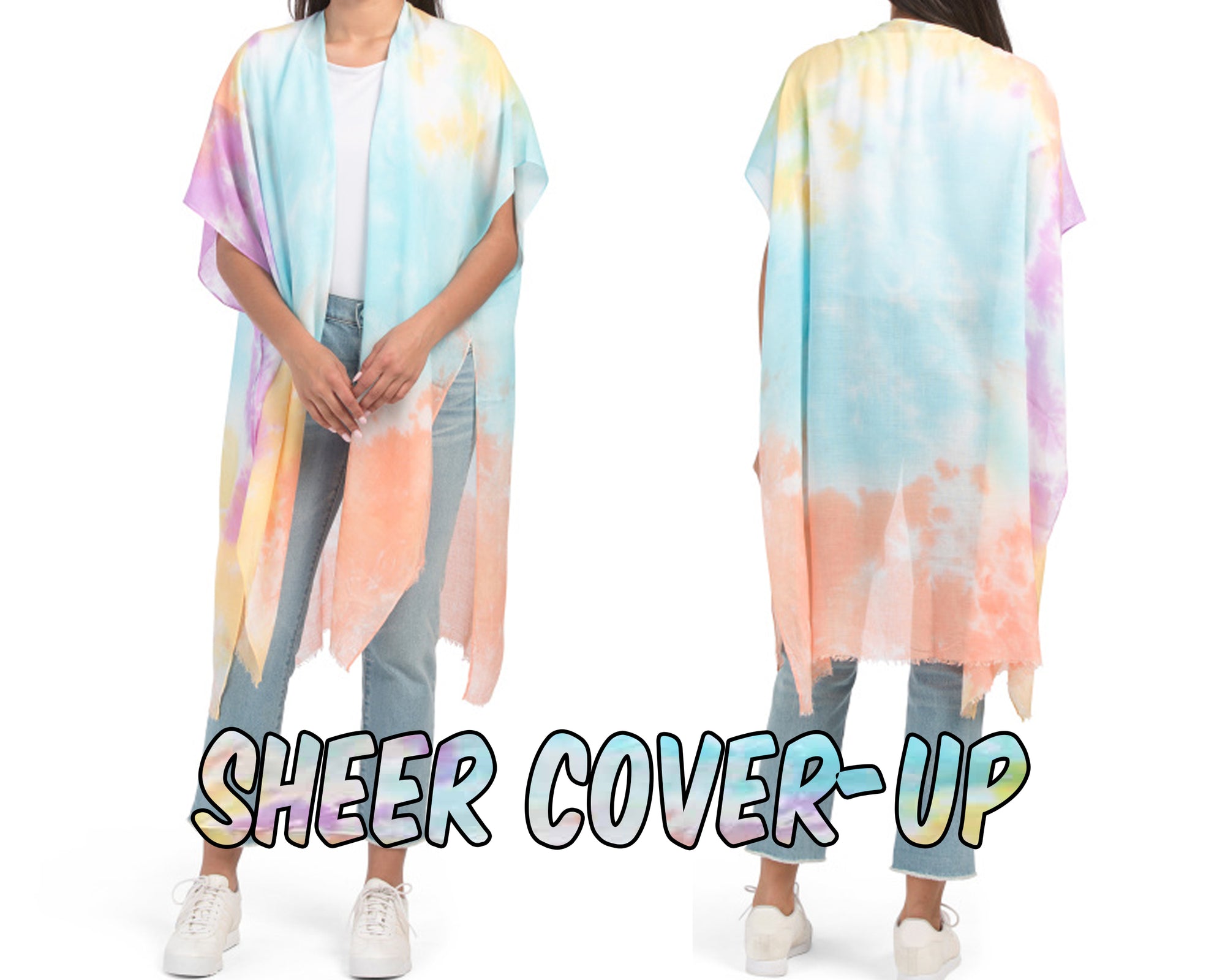 Stylish Tie Dye Kimono With Raw Hem | Rainbow Multi Tie-Dye Kimono | Beach Cover-up | Perfect Poncho For Layering | Sheer and Lightweight bathing suit, beach, bikini, bridal, bridal party, bride, coverup, hair, kimono, makeup, pool, poolside, suntanning,