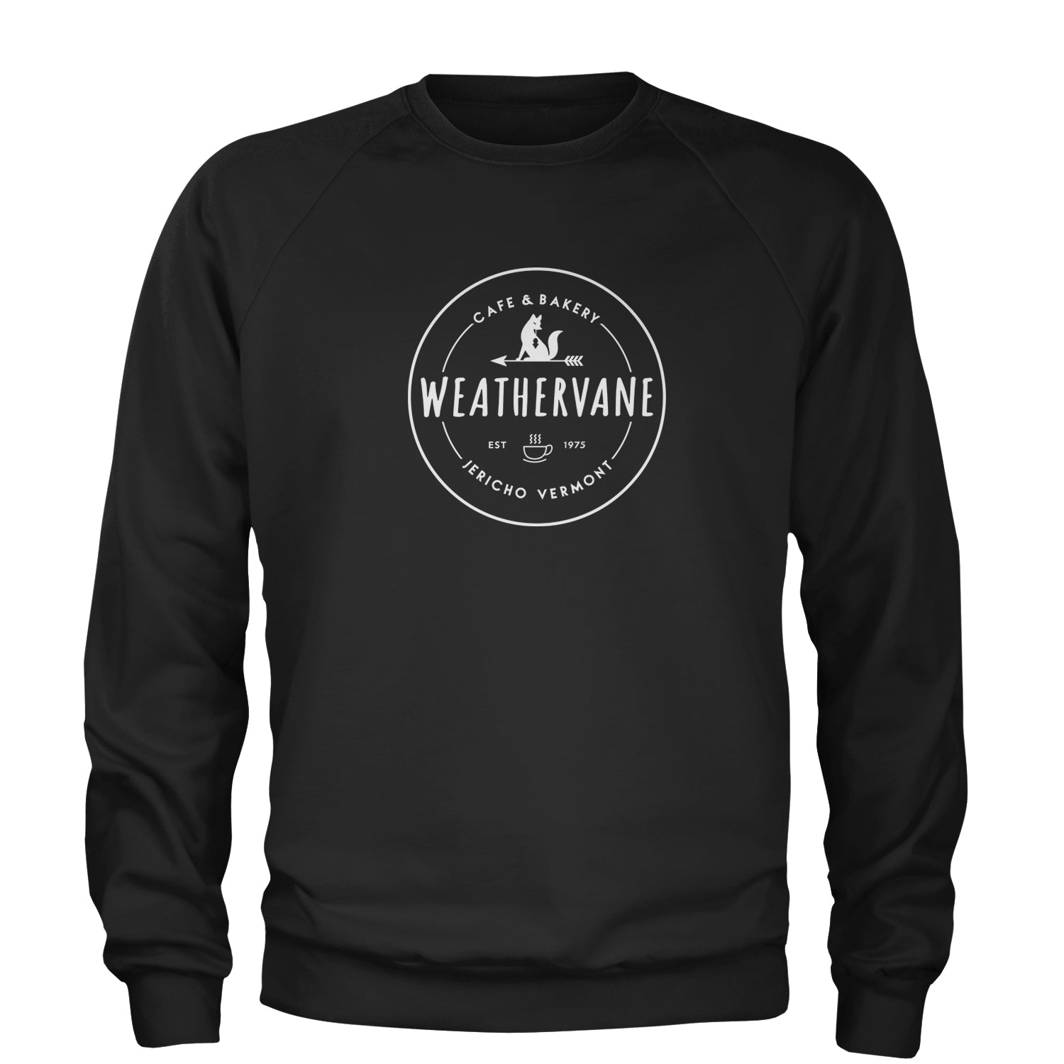 Weathervane Coffee Shop Adult Crewneck Sweatshirt academy, jericho, more, never, vermont, Wednesday by Expression Tees