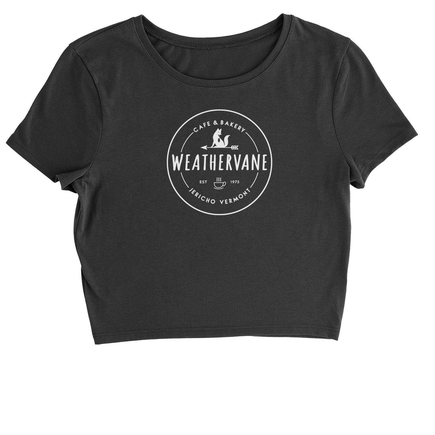 Weathervane Coffee Shop Cropped T-Shirt academy, jericho, more, never, vermont, Wednesday by Expression Tees