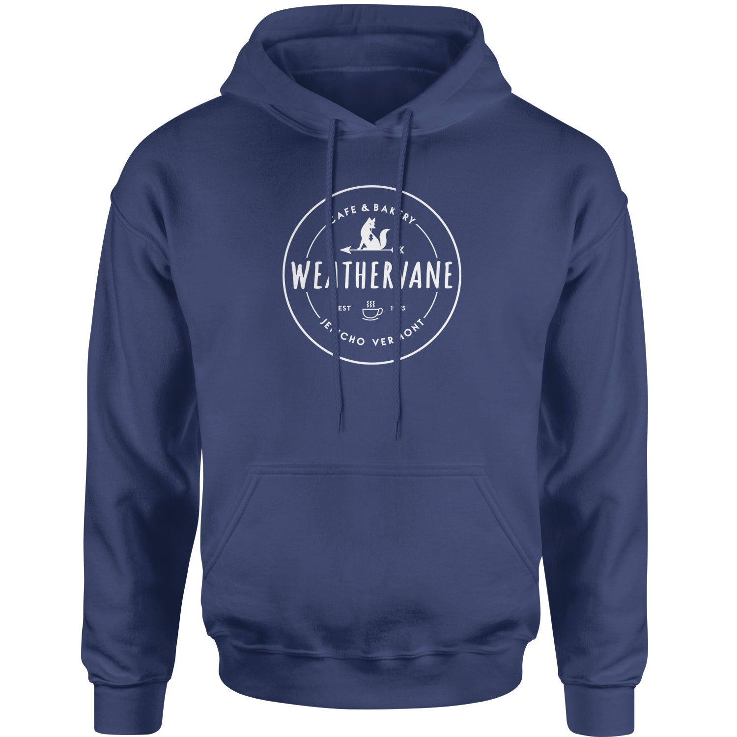 Weathervane Coffee Shop Adult Hoodie Sweatshirt academy, jericho, more, never, vermont, Wednesday by Expression Tees