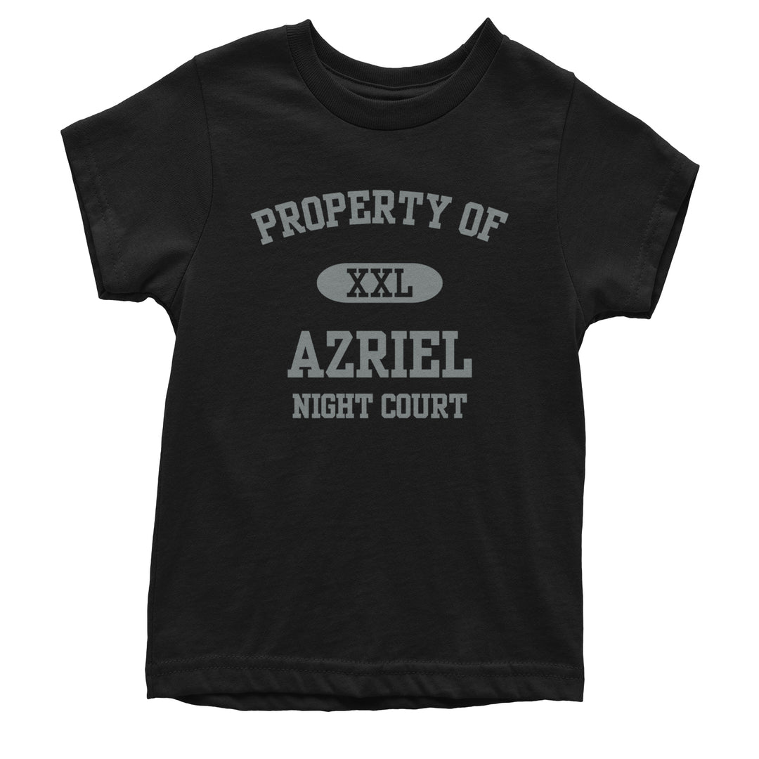 Kids' Heavyweight Cotton T-Shirt with varsity block text reading "PROPERTY OF" and "AZRIEL," an XXL badge, and "NIGHT COURT"