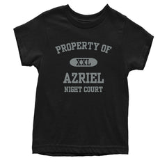 Kids' Heavyweight Cotton T-Shirt with varsity block text reading "PROPERTY OF" and "AZRIEL," an XXL badge, and "NIGHT COURT"
