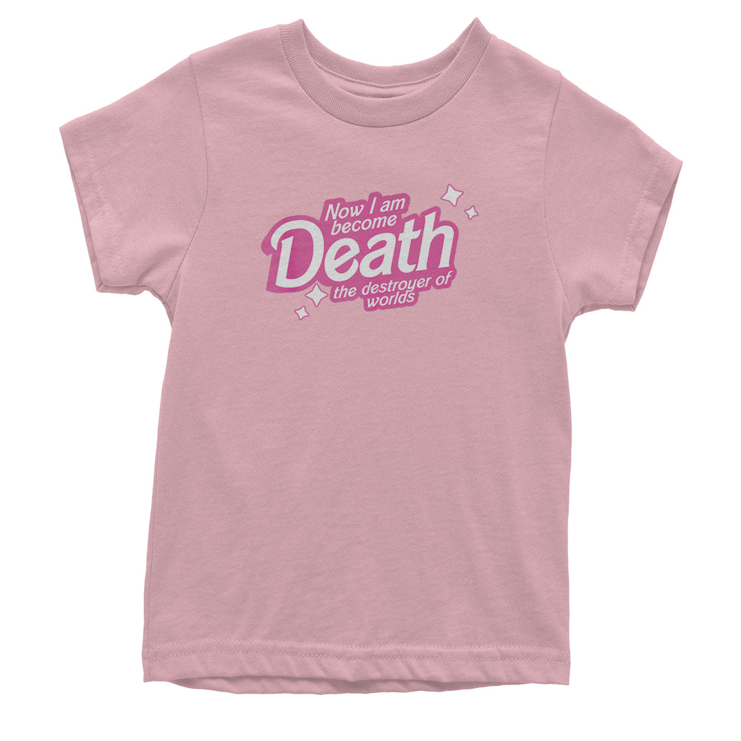 Now I am Become Death Barbenheimer pop-style quote on a tie-dye burst with sparkly accents on a Kids' Heavyweight Cotton T-Shirt