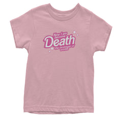 Now I am Become Death Barbenheimer pop-style quote on a tie-dye burst with sparkly accents on a Kids' Heavyweight Cotton T-Shirt