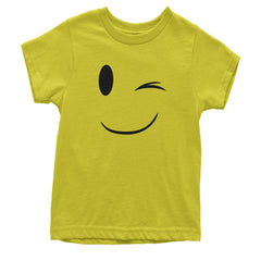 Kids' Heavyweight Cotton T-Shirt with a bold winking smiley emoticon face, one open eye, one wink, and a curved grin