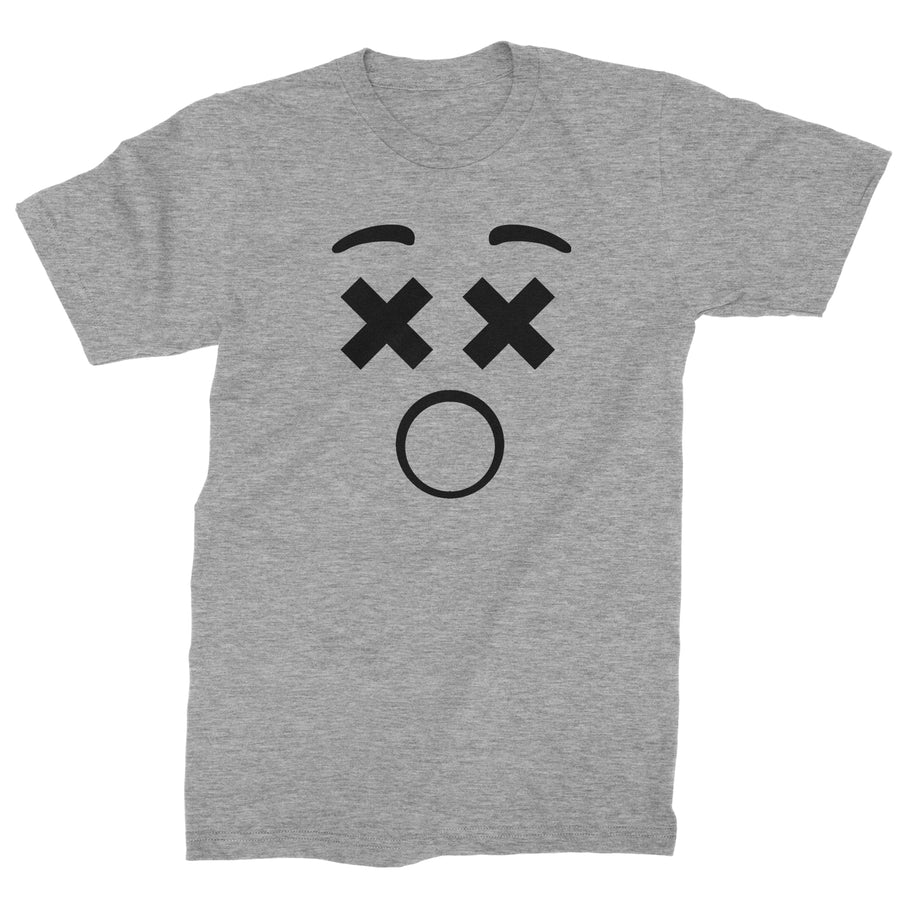 Heather grey men's T-shirt with black X eyes, curved brows, and a round open mouth