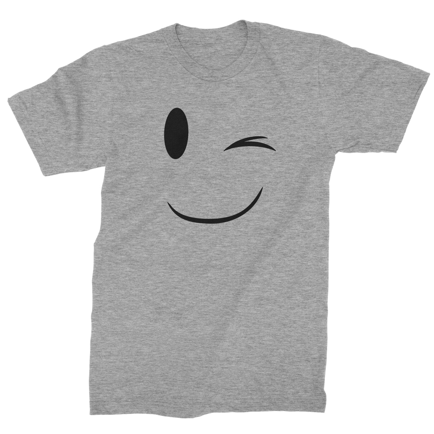 Heather grey men's T-shirt showing the complete black winking smile face design