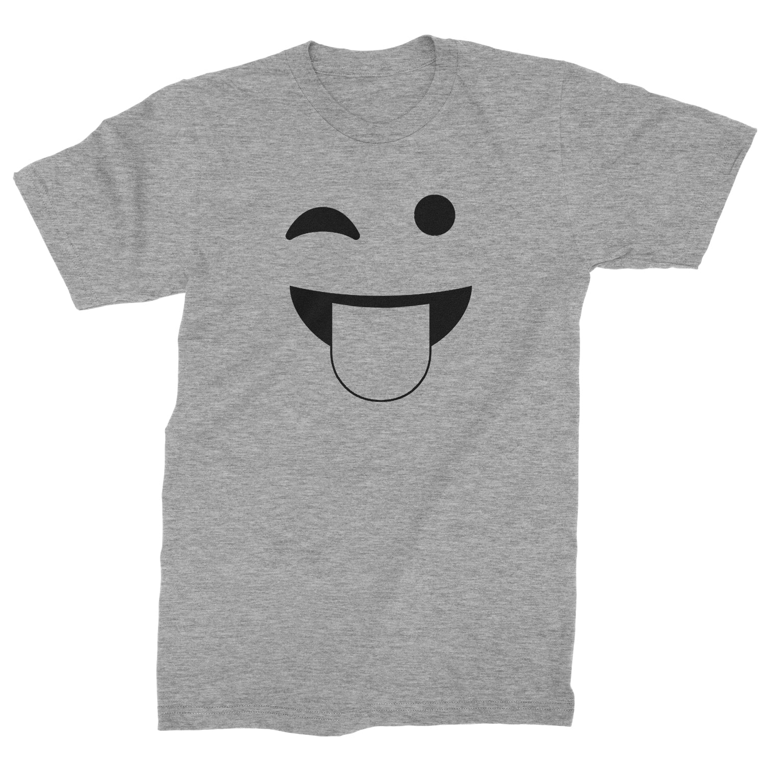 Heather grey men's tee mockup showing the tongue-out winking smiley face artwork